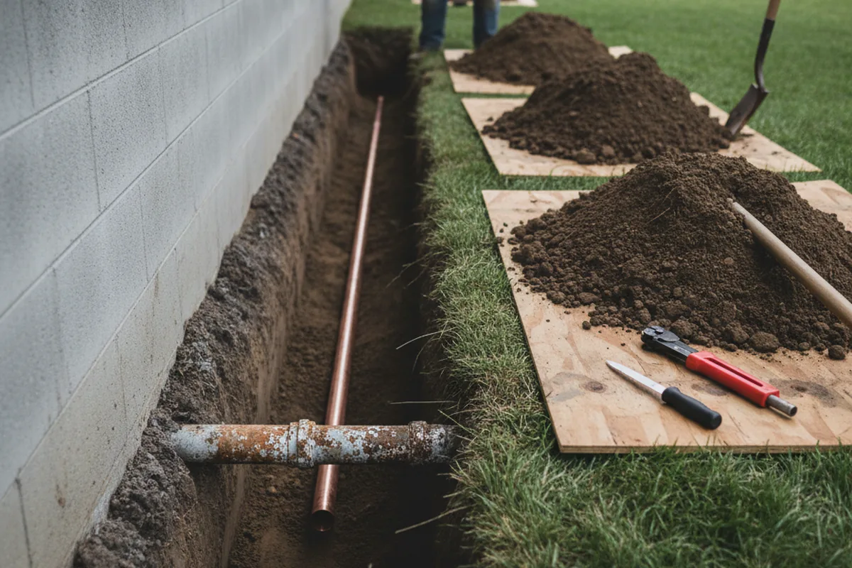 Excavated water line trench during Water Softener Installation in Lineville